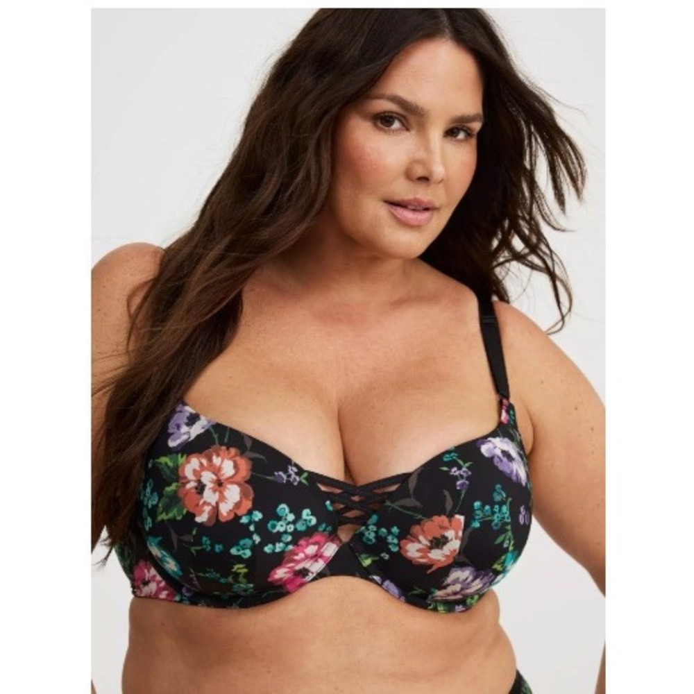 Torrid XO Plunge Push-Up Bra 50C Black Floral 360 Back Smoothing Underwire NEW